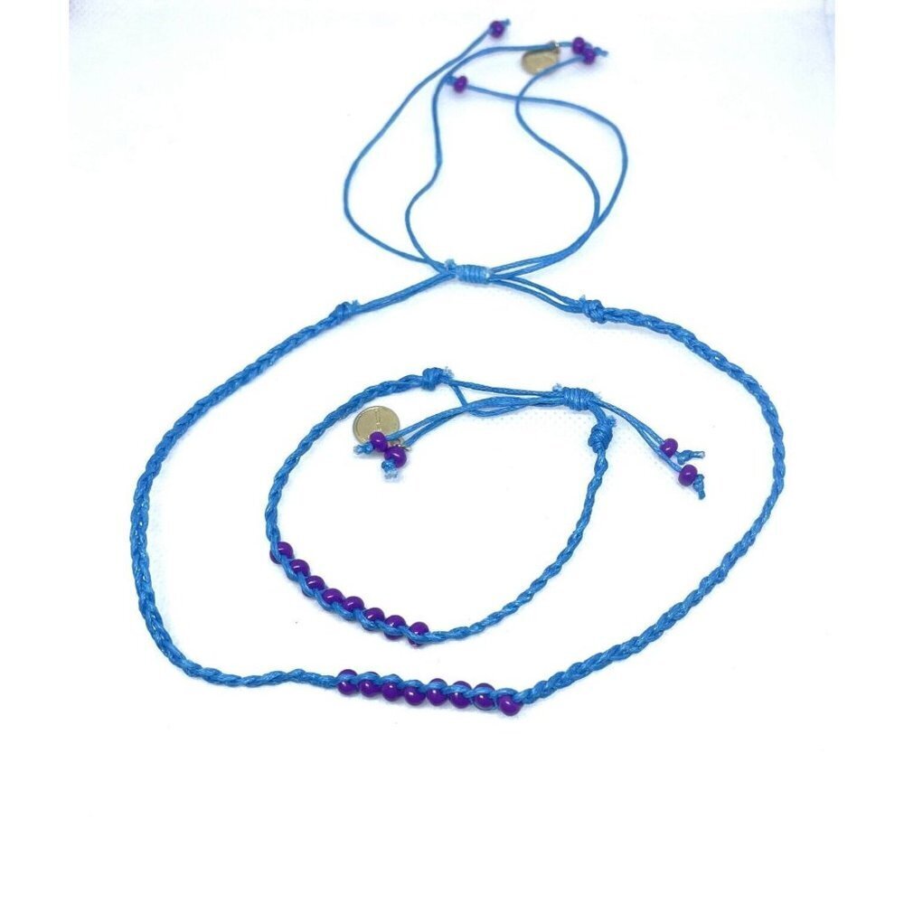 Jm Purple Beads Braided Cord Bracelet and Necklace Set Slide Closure